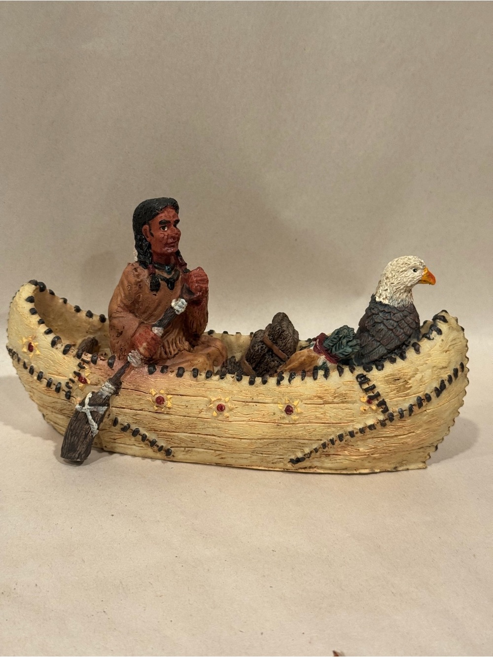 Native American Canoe Figurine with Eagle and Paddle - Beige and‎ Brown